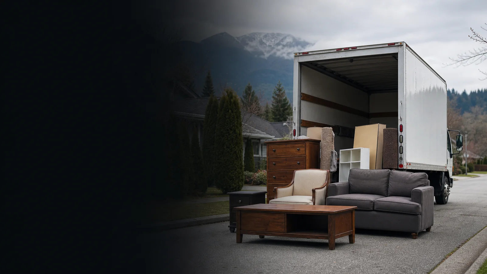 Illustrative junk-removal scene with grouped household furniture beside an unbranded box truck in the Fraser Valley.
